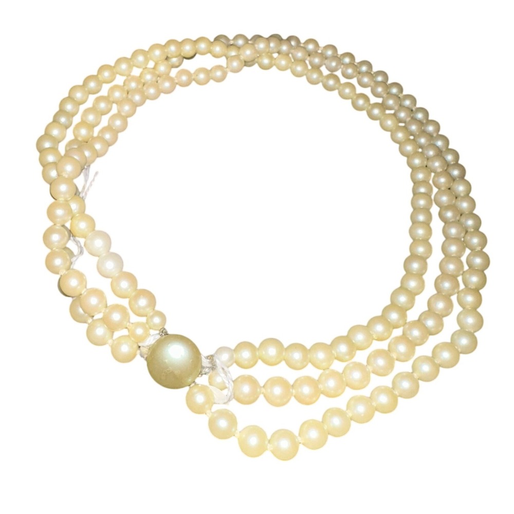 Vintage Triple Strand Faux Pearl Necklace Cream Multi Strand Clasp Repair Needed
